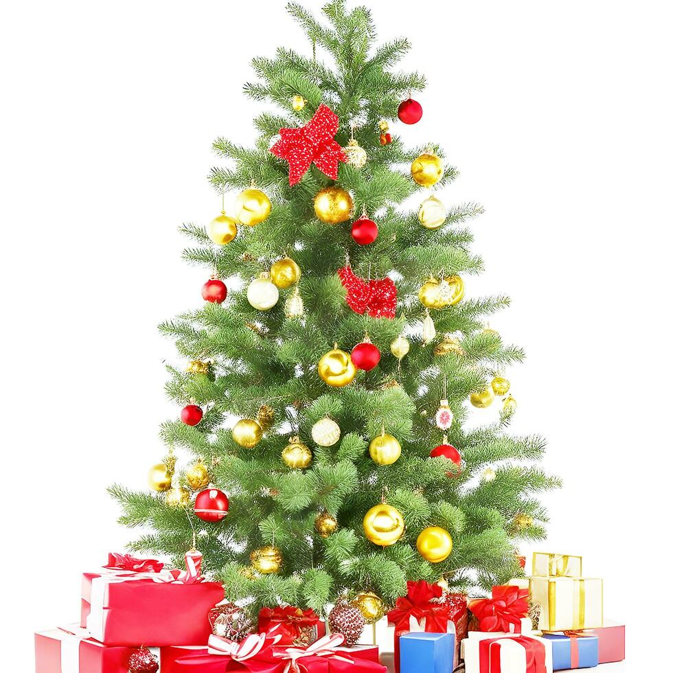 ai generado un foto decorado Navidad árbol con regalos aislado en blanco antecedentes ai generado