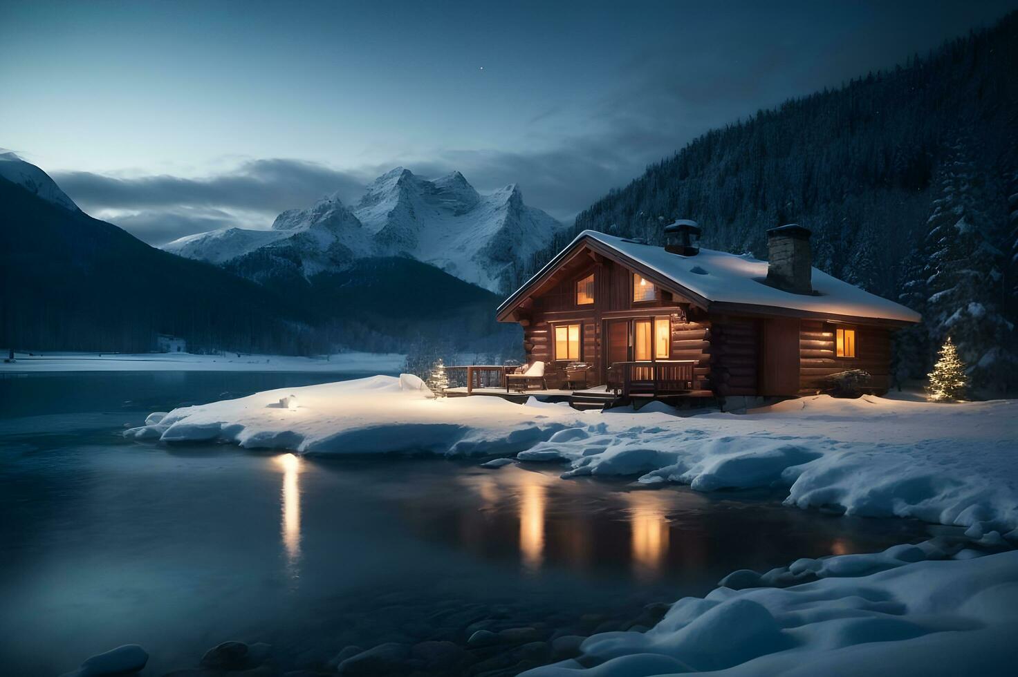 Winter scene capturing the essence of a pristine snow-covered valley nestled between majestic snow capped mountains. AI Generative photo