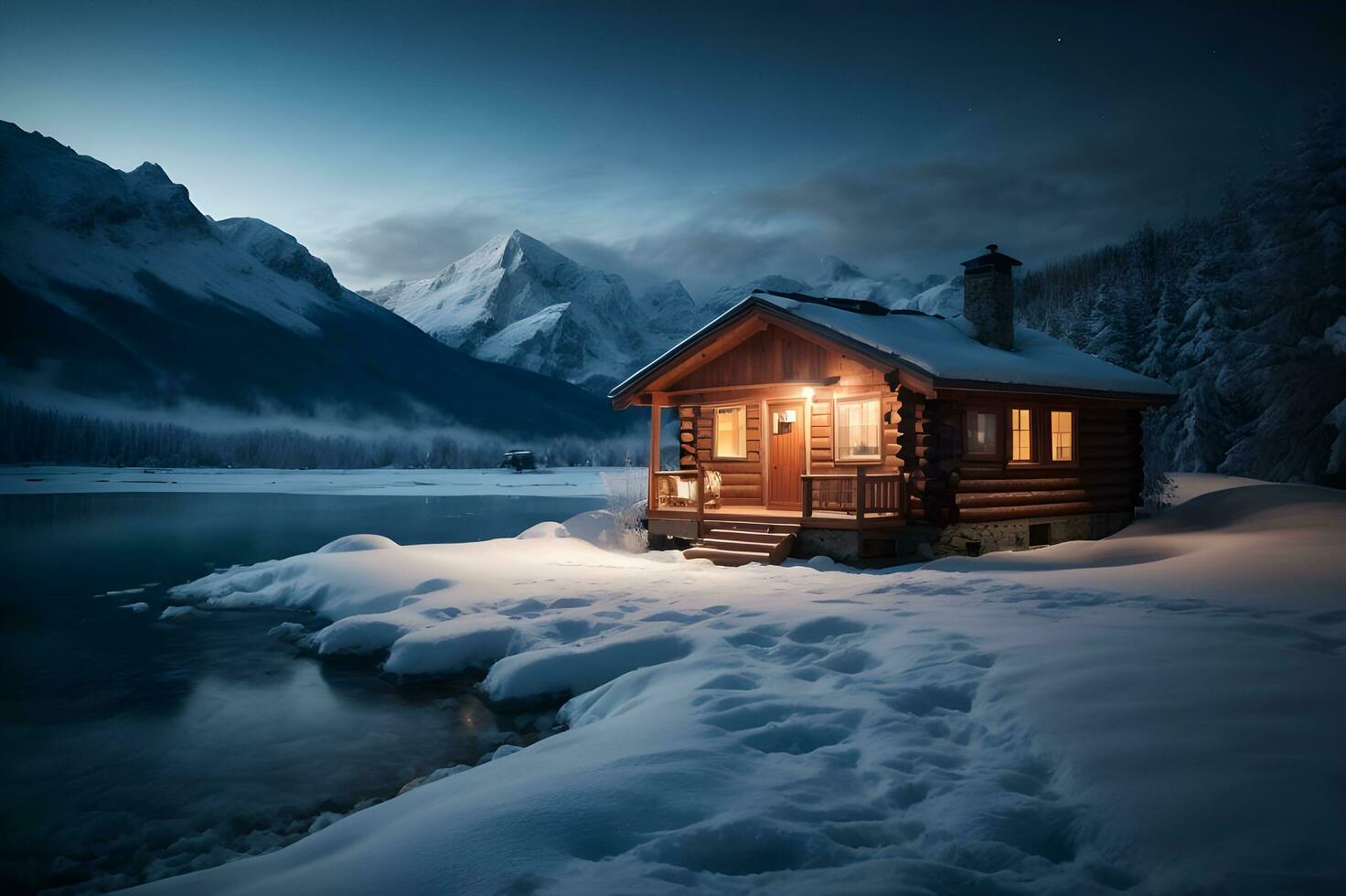 Winter scene capturing the essence of a pristine snow-covered valley nestled between majestic snow capped mountains. AI Generative photo