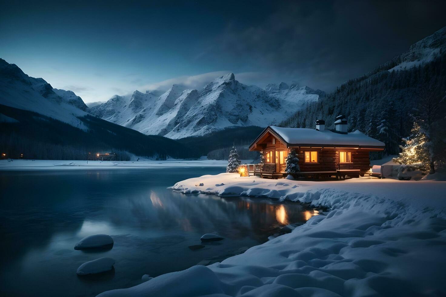 Winter scene capturing the essence of a pristine snow-covered valley nestled between majestic snow capped mountains. AI Generative photo