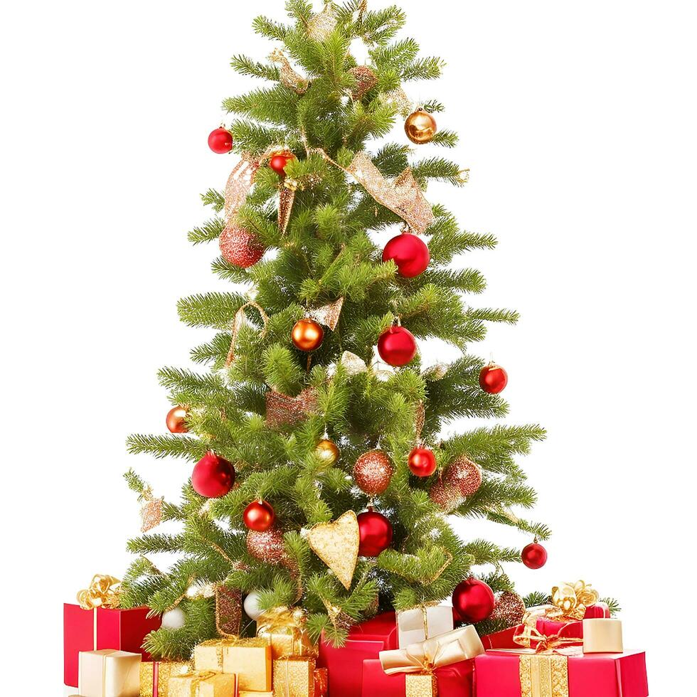 AI generated A Photo decorated christmas tree with gifts isolated on white background ai generated