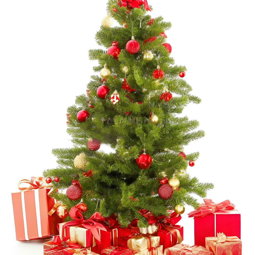 AI generated A Photo decorated christmas tree with gifts isolated on white background ai generated