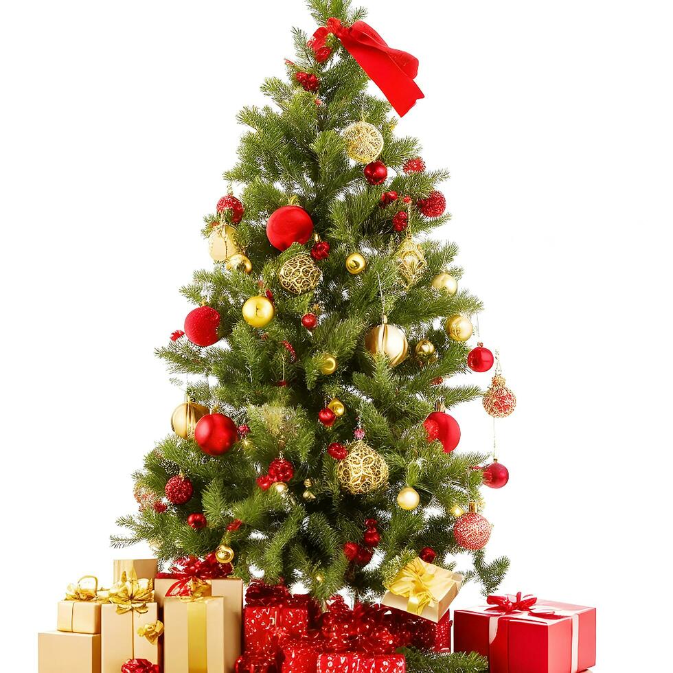 AI generated A Photo decorated christmas tree with gifts isolated on white background ai generated