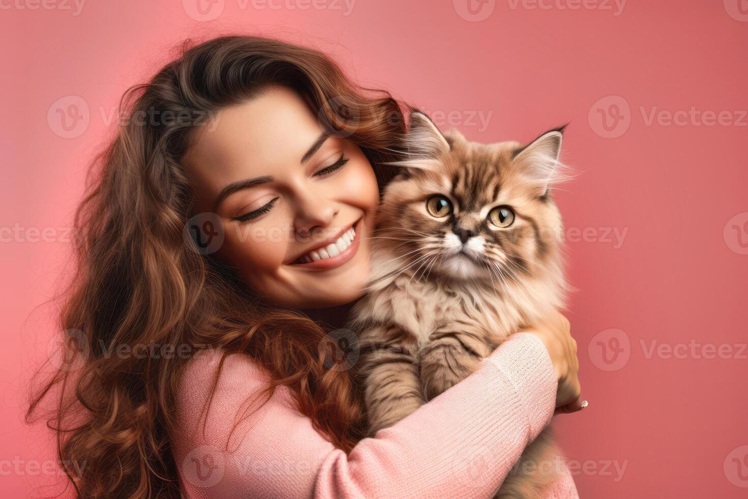 ai generado. mujer abrazando su mullido gato foto