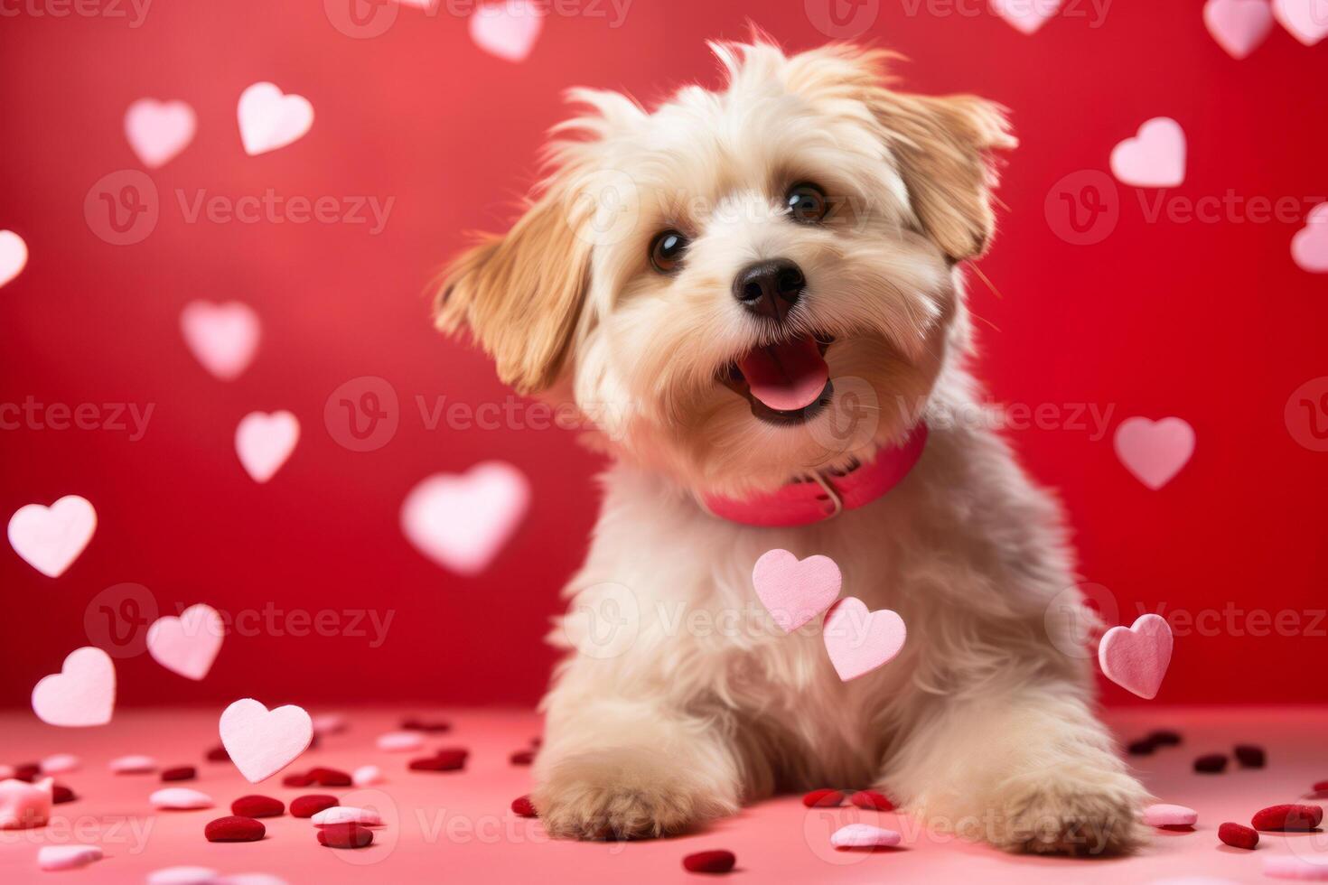 AI Generated. Joyful Puppy with Valentine Hearts photo