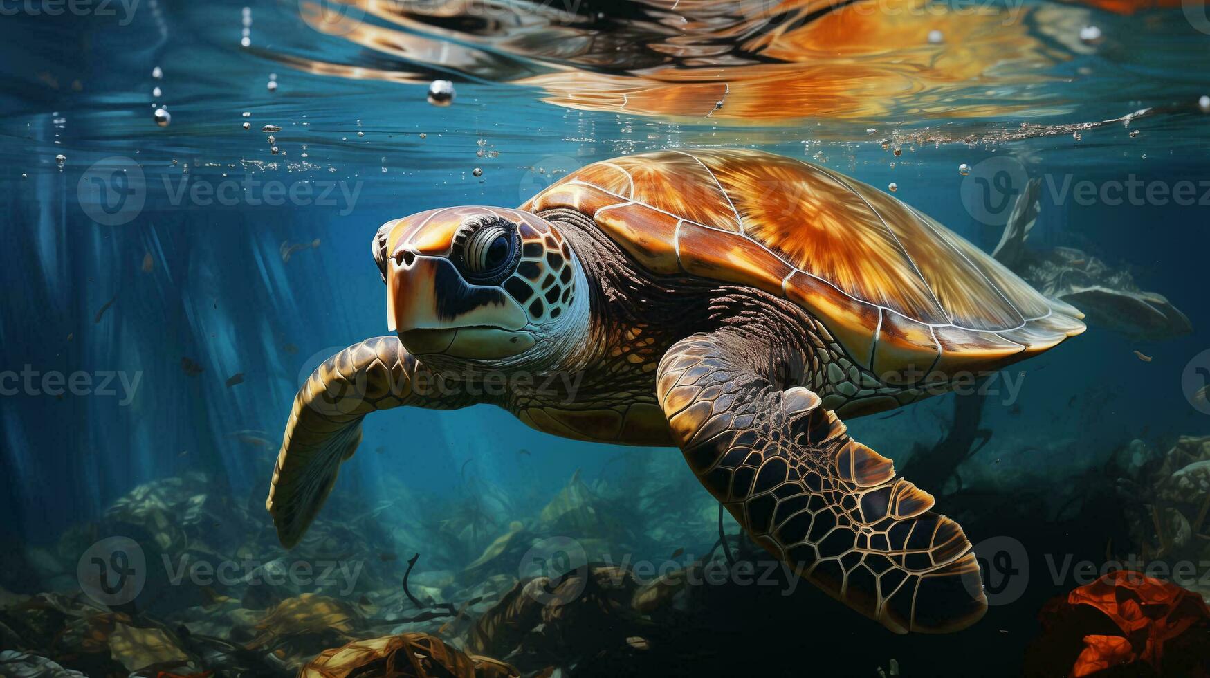 AI generated a turtle swimming in the ocean with some coral photo