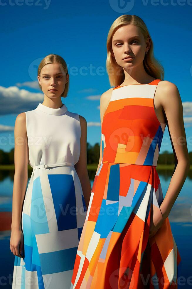 AI generated In a mesmerizing vibrant color ensemble inspired by geometry, two young Swedish girls posed. AI Generative photo