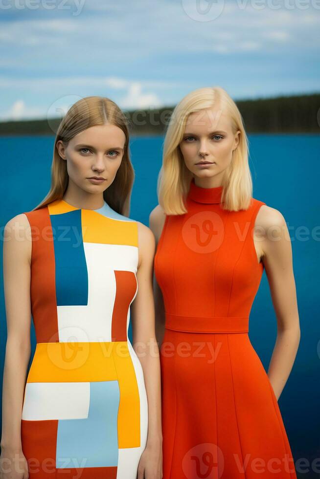 AI generated In a mesmerizing vibrant color ensemble inspired by geometry, two young Swedish girls posed. AI Generative photo