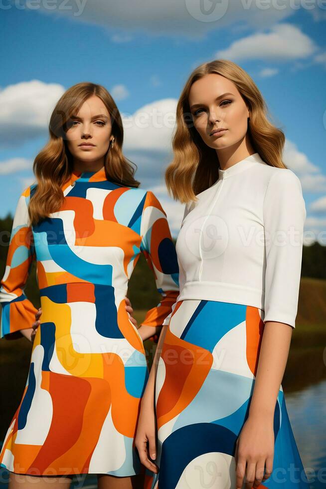 AI generated In a mesmerizing vibrant color ensemble inspired by geometry, two young Swedish girls posed. AI Generative photo