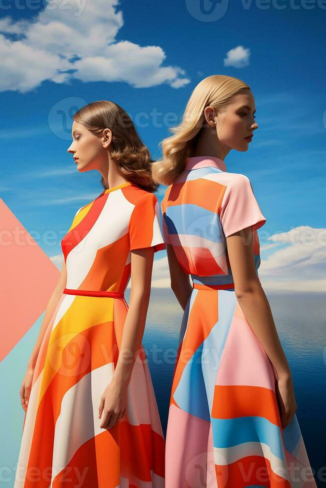 AI generated In a mesmerizing vibrant color ensemble inspired by geometry, two young Swedish girls posed. AI Generative photo
