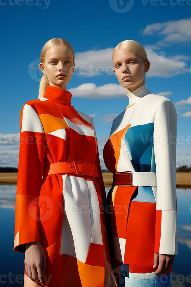 AI generated In a mesmerizing vibrant color ensemble inspired by geometry, two young Swedish girls posed. AI Generative photo