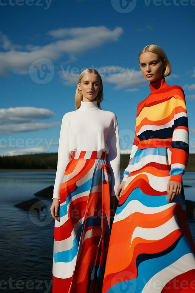 AI generated In a mesmerizing vibrant color ensemble inspired by geometry, two young Swedish girls posed. AI Generative photo