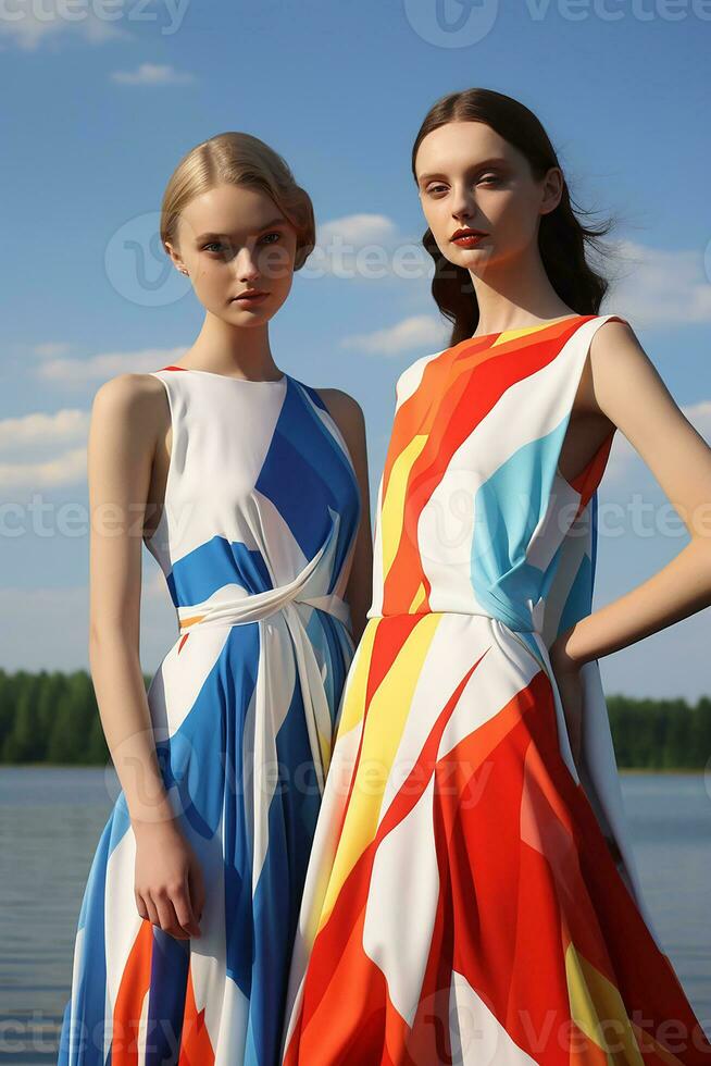 AI generated In a mesmerizing vibrant color ensemble inspired by geometry, two young Swedish girls posed. AI Generative photo