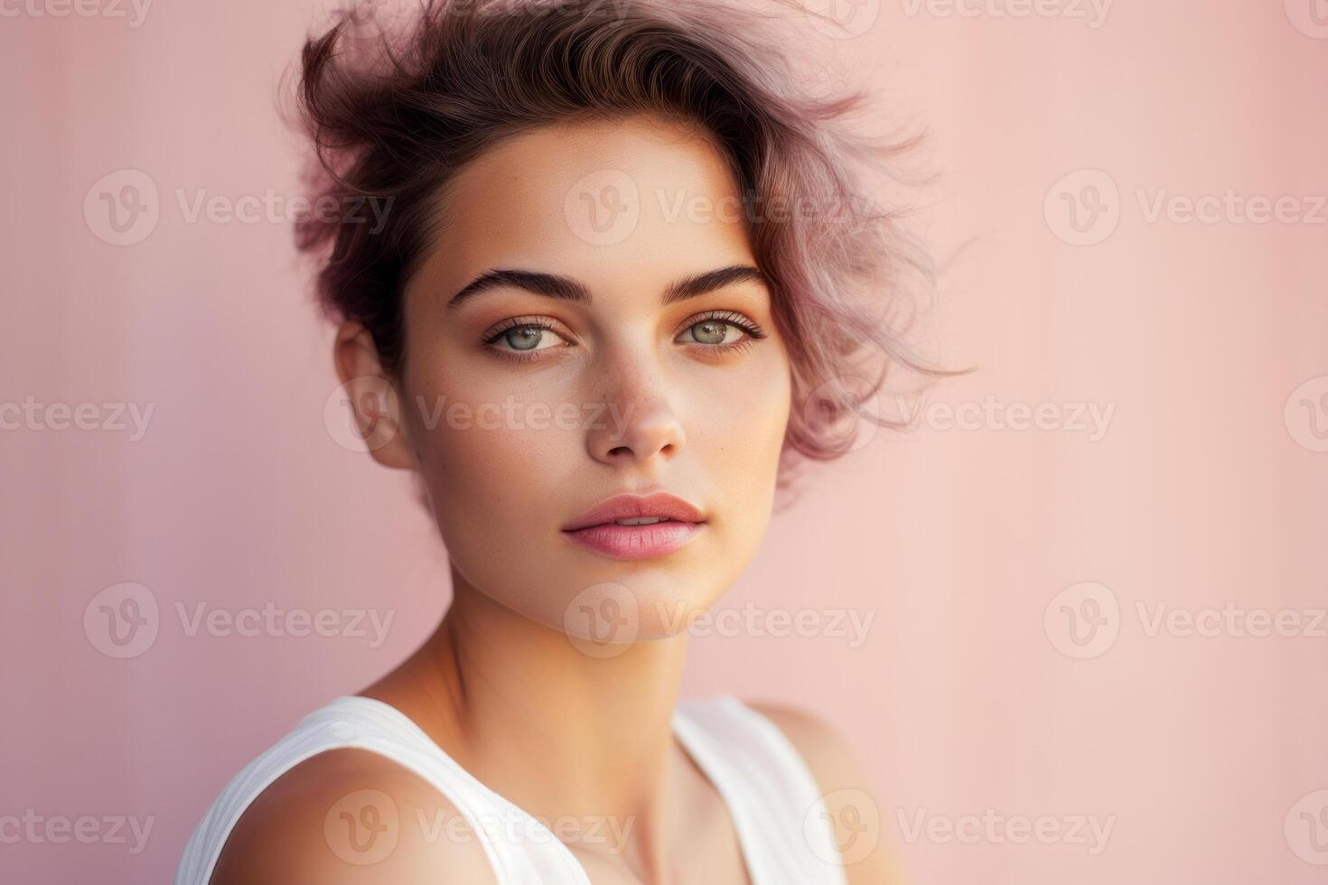 AI Generated. Serene Young Woman with Subtle Smile and Pastel Background photo