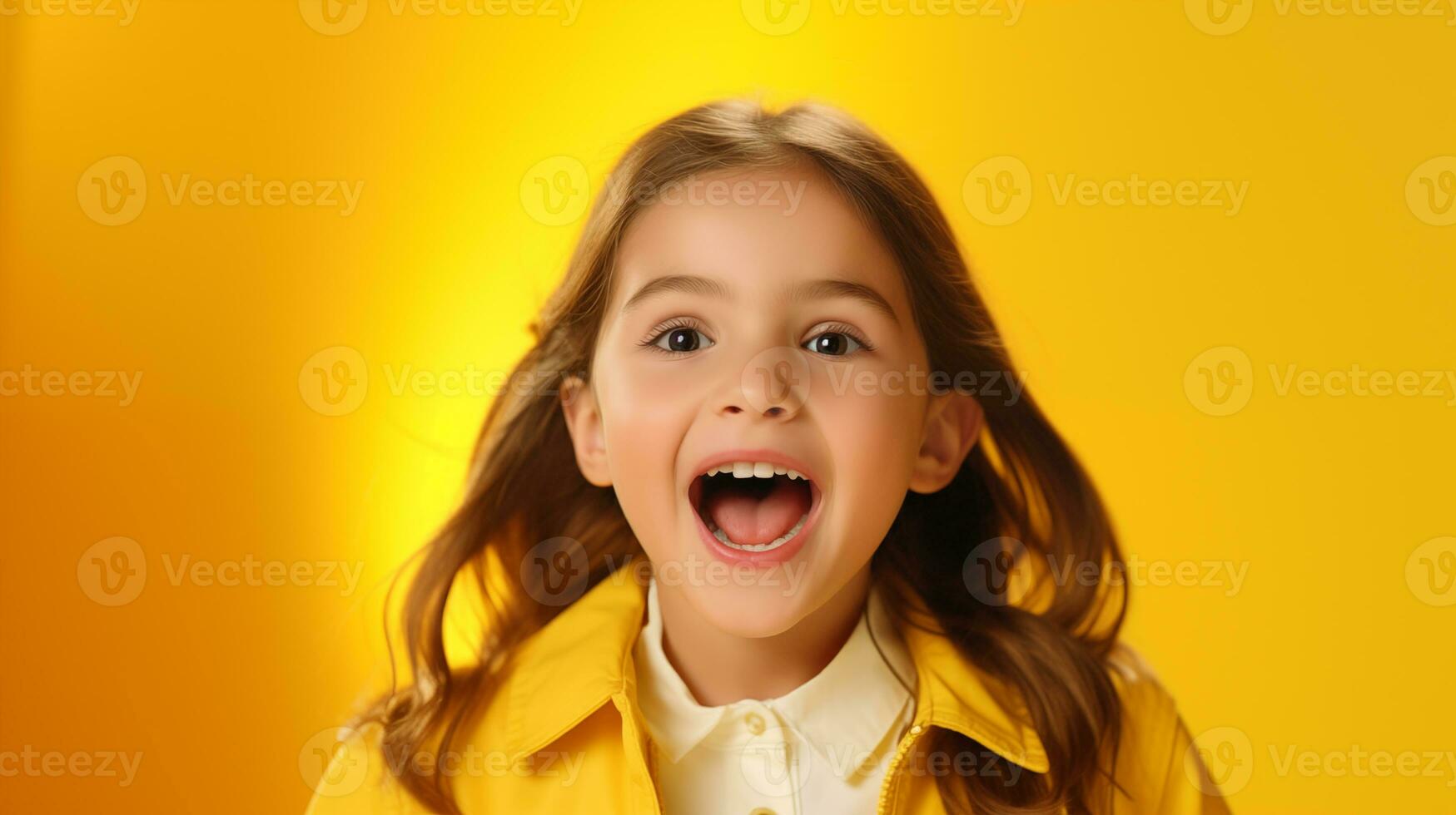 AI generated a little girl is smiling and laughing in front of a yellow background photo