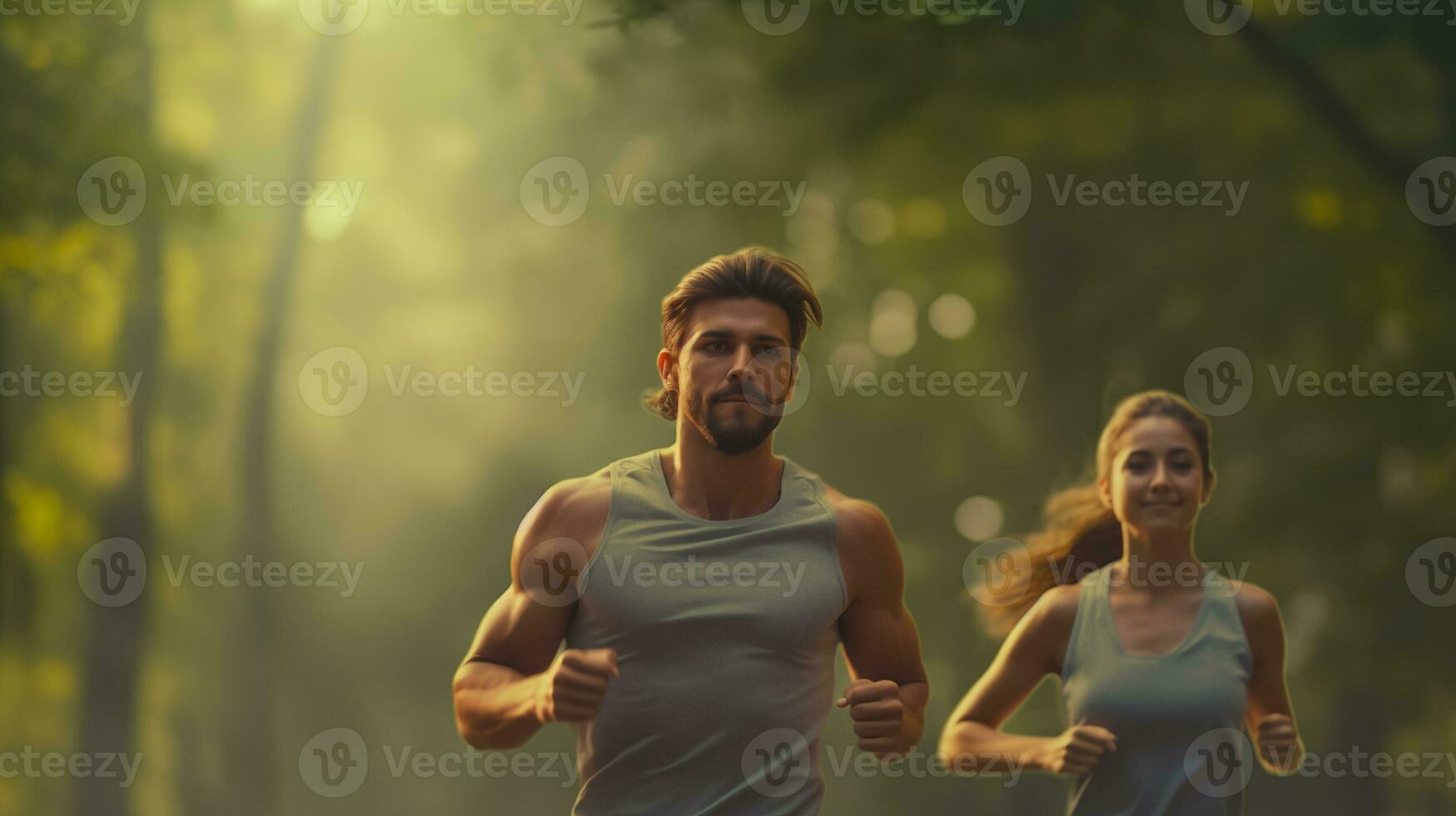 AI generated a man and woman running in the woods photo