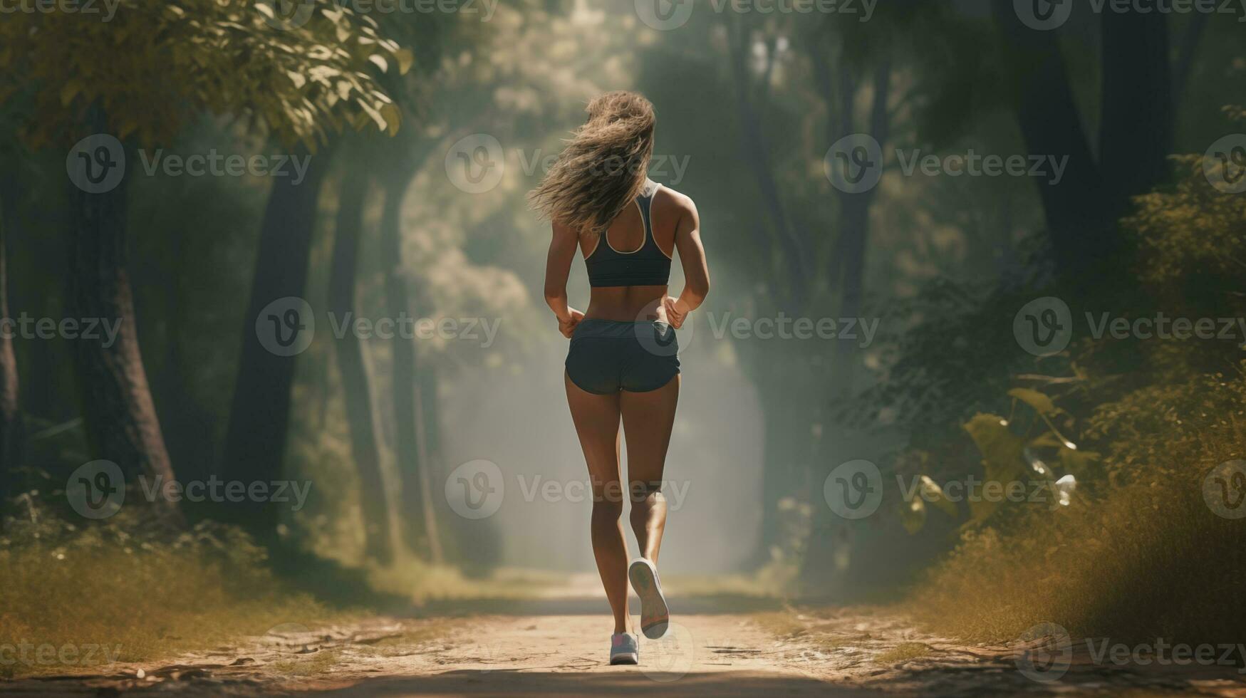 AI generated a woman running in the woods photo