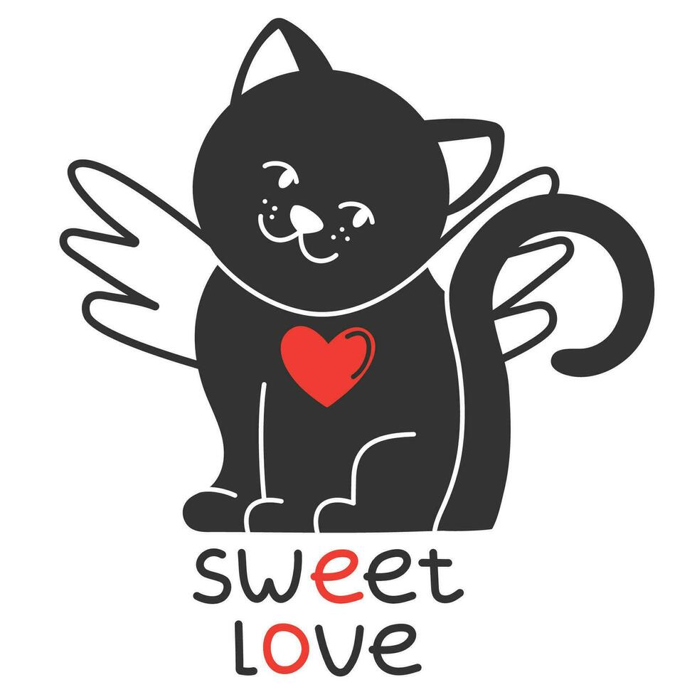 A black cat with angel wings. A big red heart in his chest. Vector image for postcards, stickers