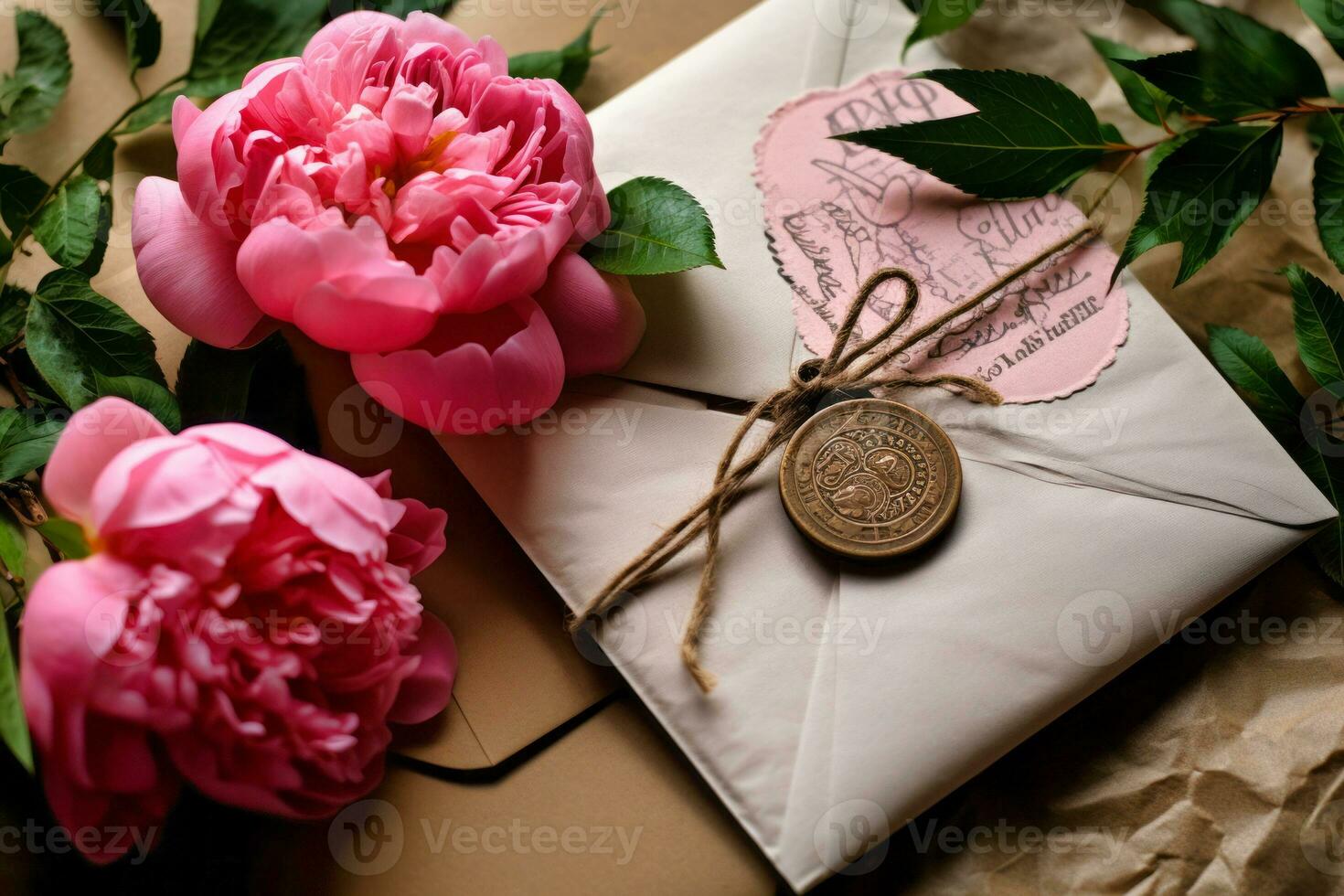 AI Generated. Vintage Love Letter with Pink Peonies photo