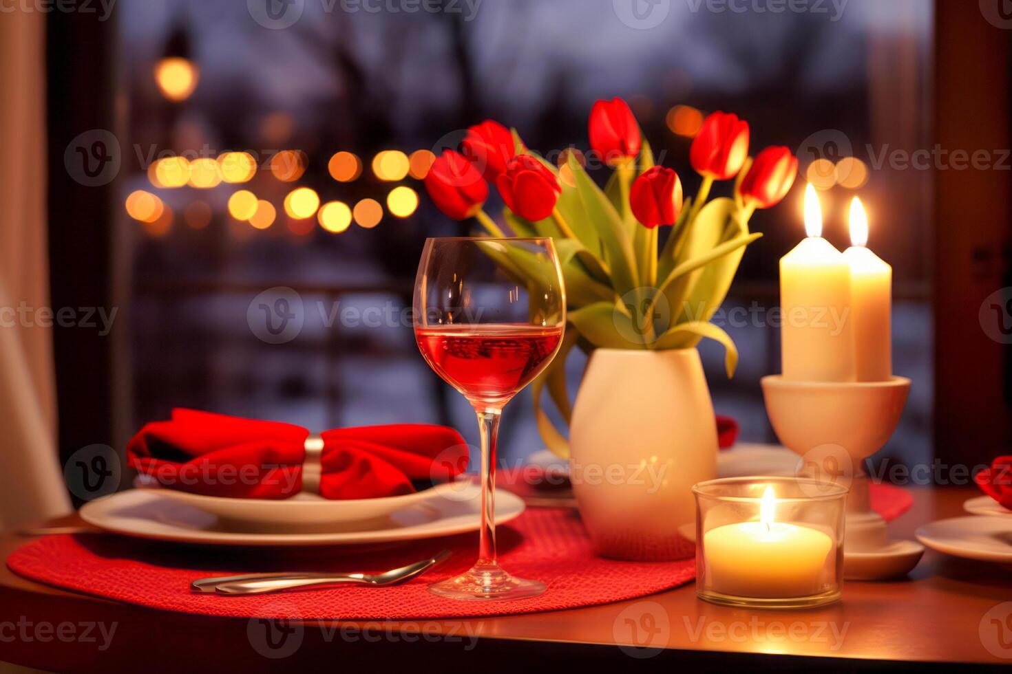 AI Generated. Candlelit Dinner Setting with Red Tulips photo