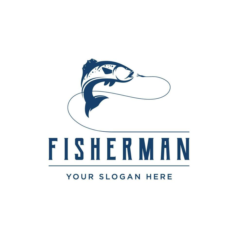 Fishing club Logo design with creative angler and jumping fish. vector