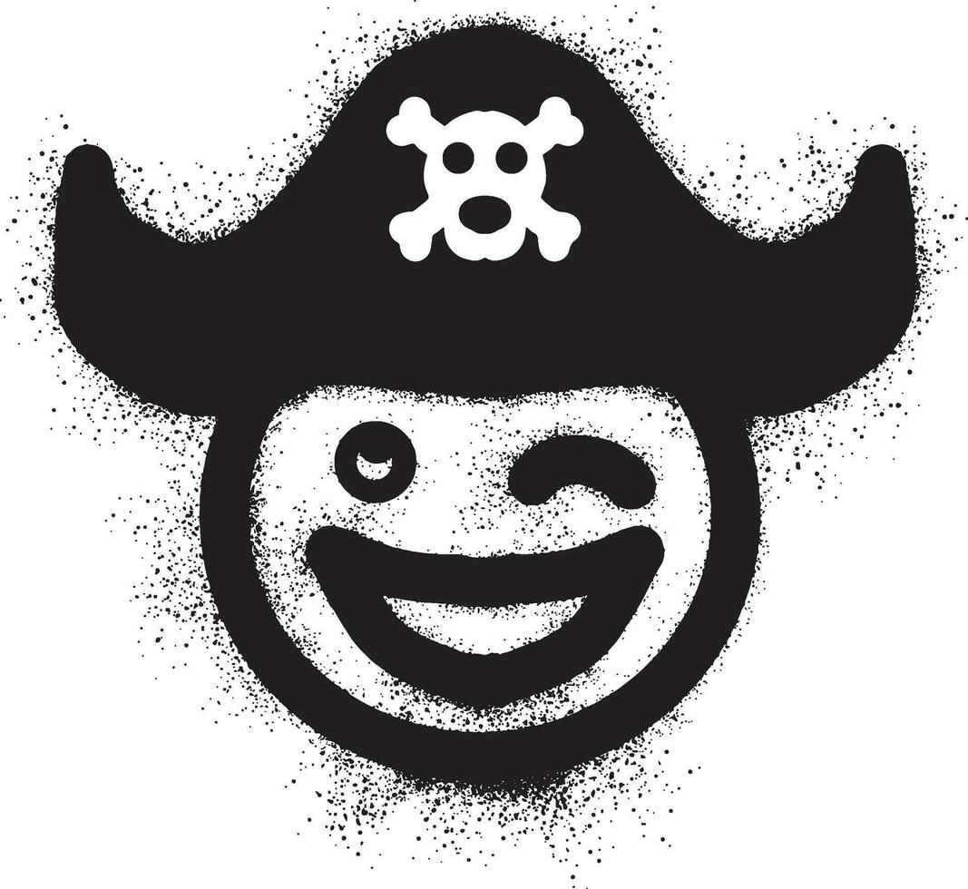 Smiling emoticon graffiti wearing a pirate hat with black spray paint vector