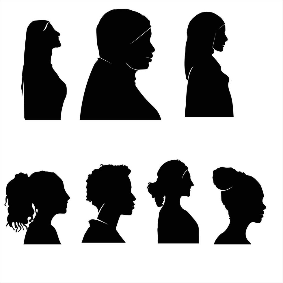 Head silhouettes. Female faces portraits, anonymous person head silhouette illustration set. People profile and full face portraits vector