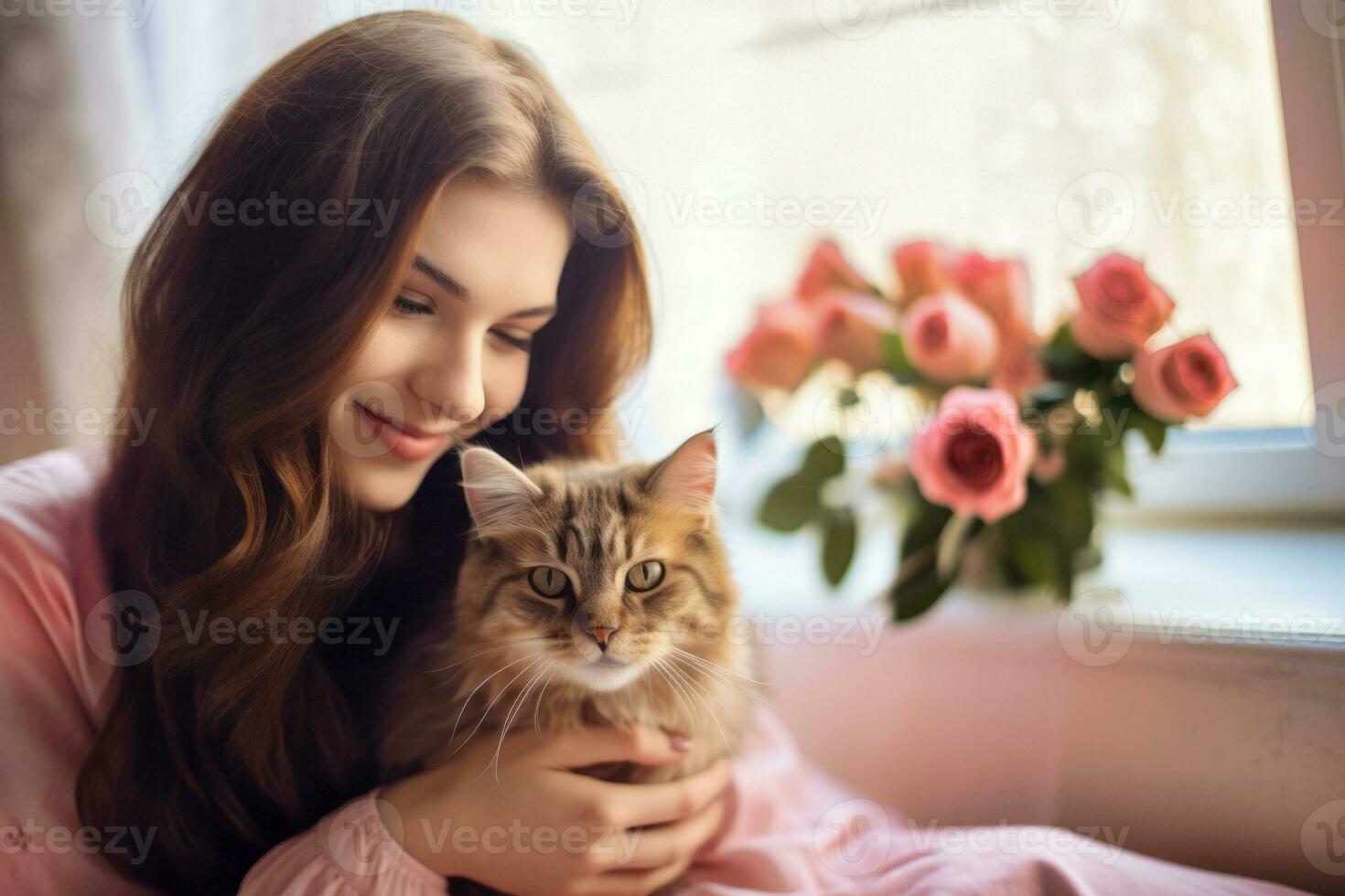 AI Generated. Cozy Moment with Pet Cat and Roses photo