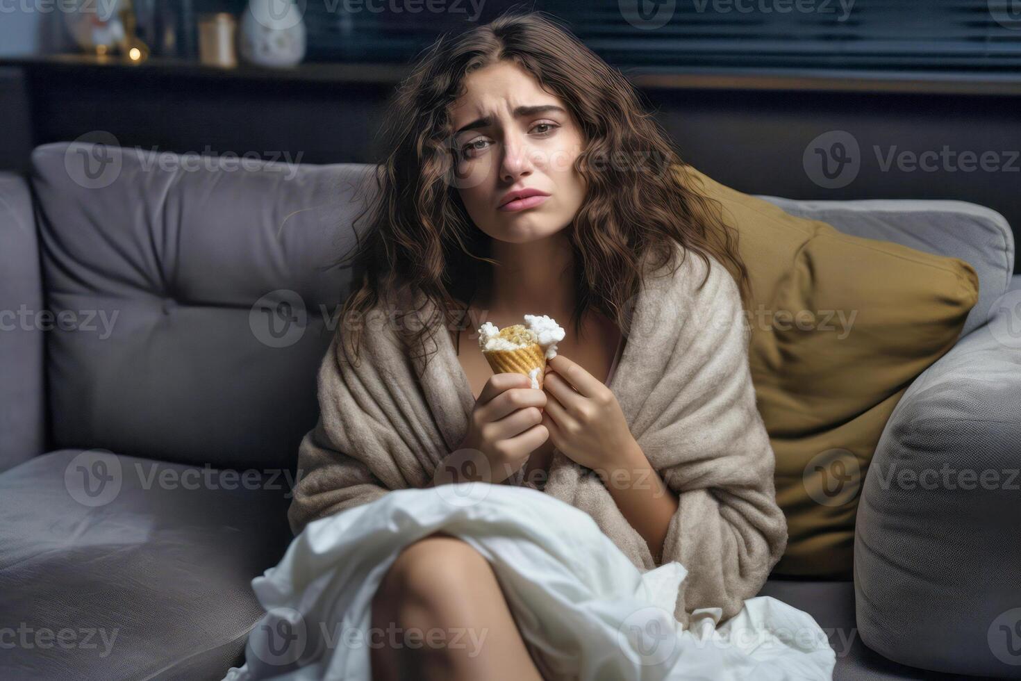 AI Generated. Heartbroken Woman Comforting Herself with Ice Cream photo