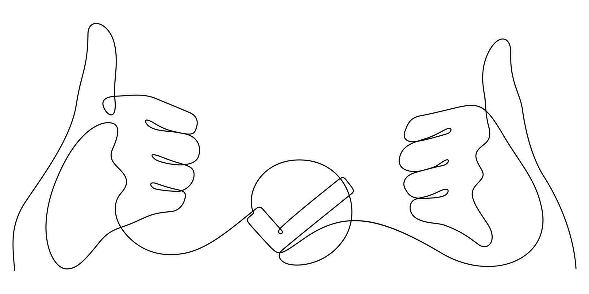 thumbs up in continuous line drawing with check mark sign minimalism vector