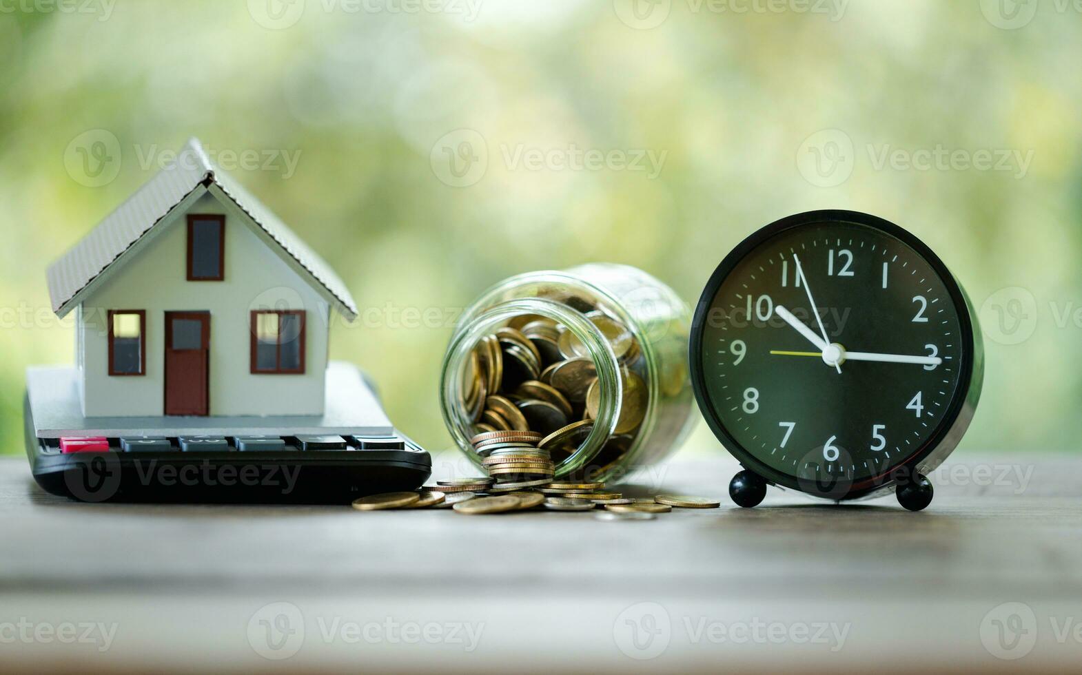 Save money with home loan and coins in serene nature background. Finance, Investment, Real Estate Concept. Coins amidst tranquil nature background. Financial Growth, Property investment and savings. photo