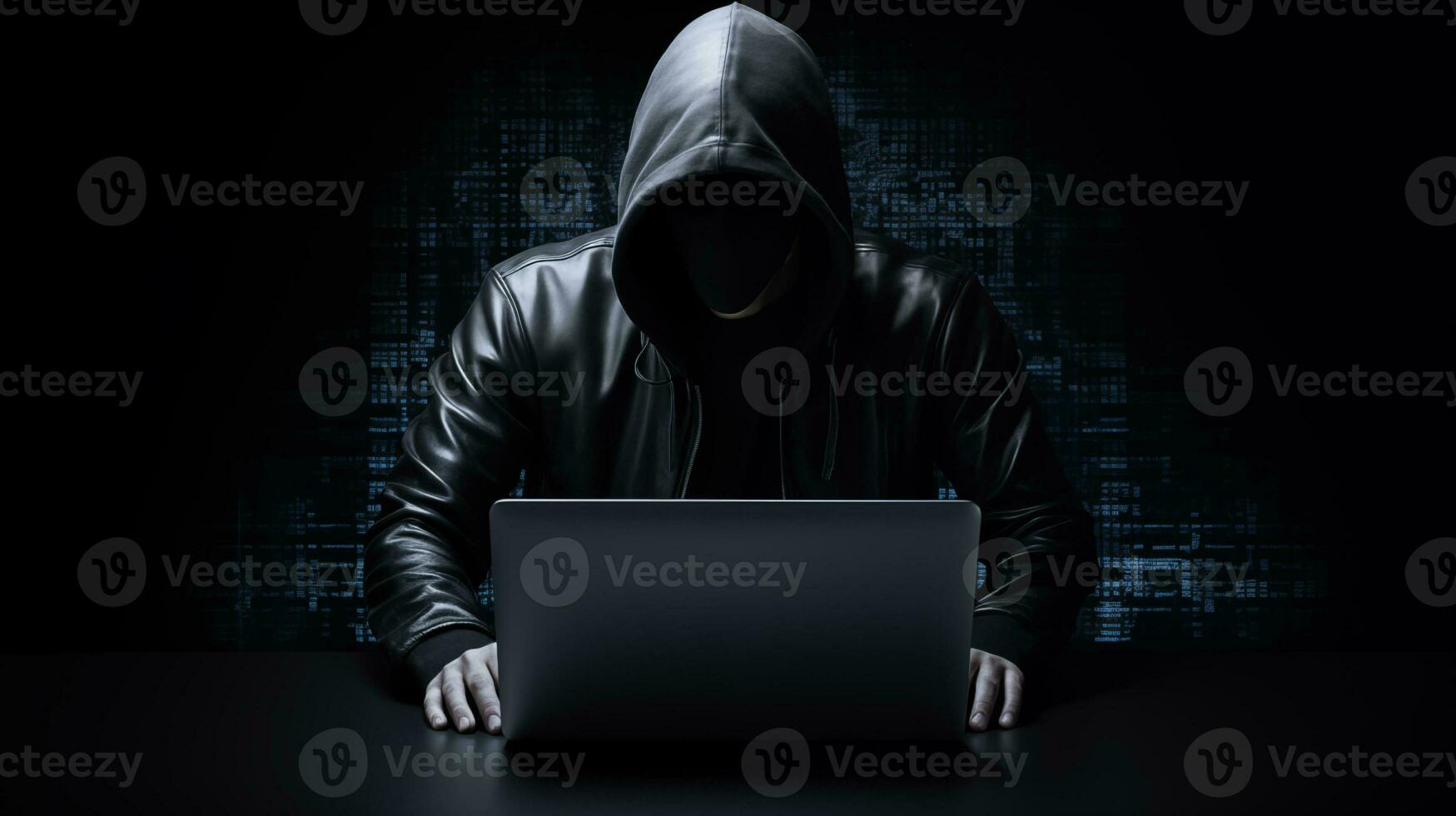 ai generado anónimo hacker en capucha utilizando ordenador portátil foto