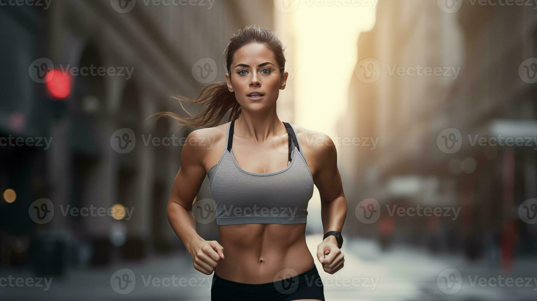 AI generated a woman running in the city photo