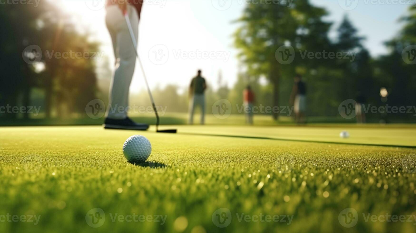 ai generado golf curso, personas jugando golf, verde césped, sol, golf pelota, pelota, pelota foto