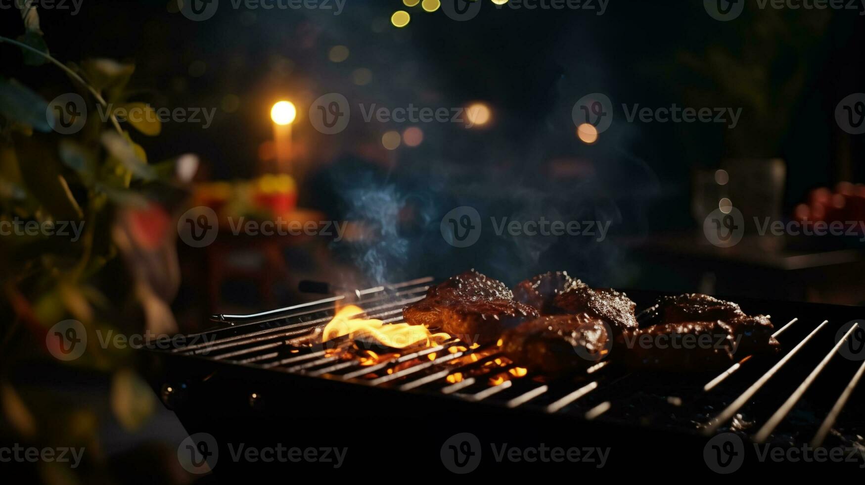 ai generado un parrilla con carne en eso a noche foto