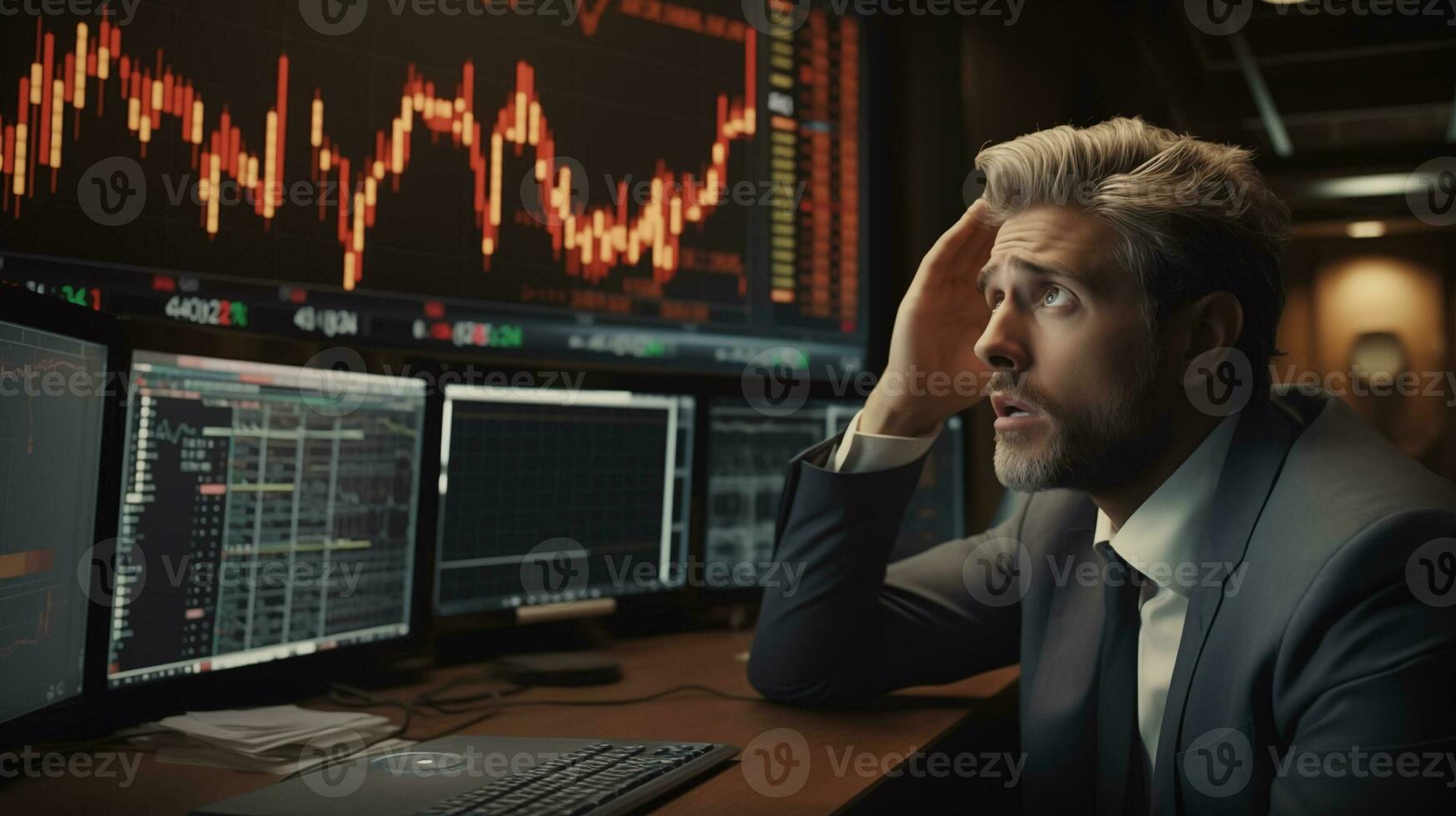 AI generated a man in a suit looking at a screen with stock market graphs photo