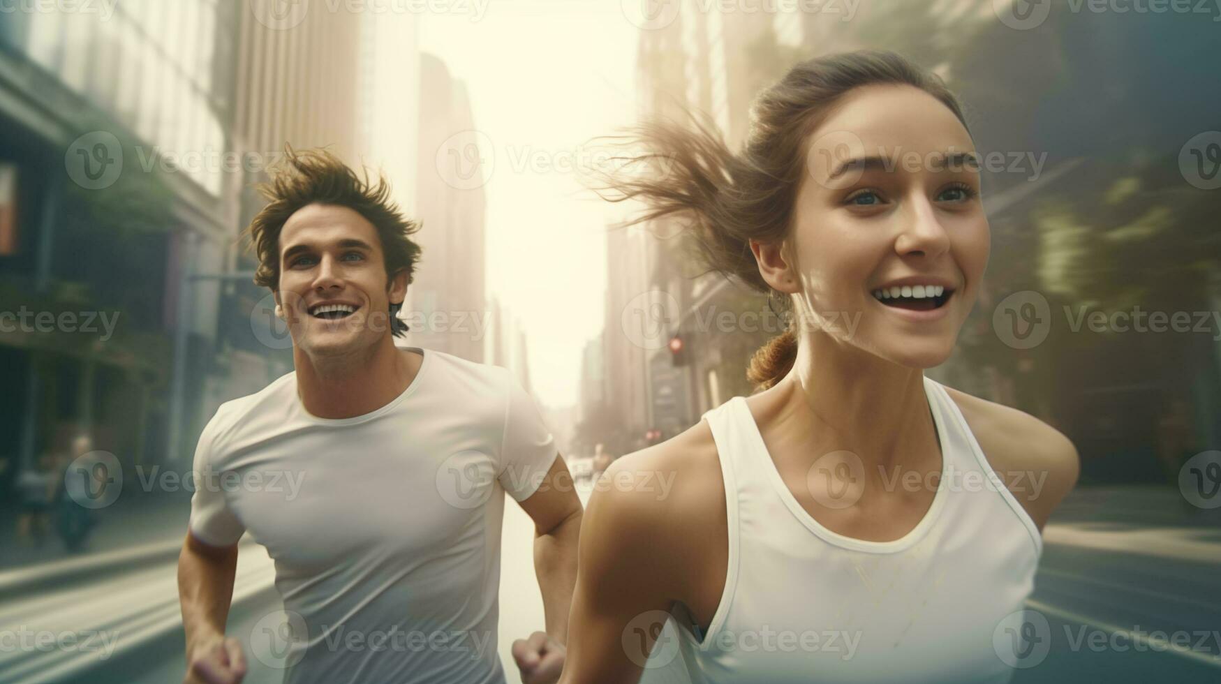 AI generated a man and woman running in the city photo