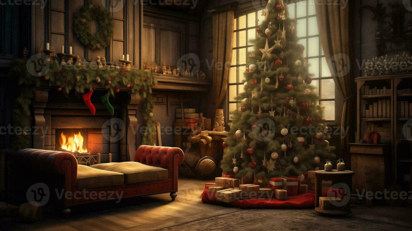 AI generated christmas tree in a living room with fireplace and presents photo