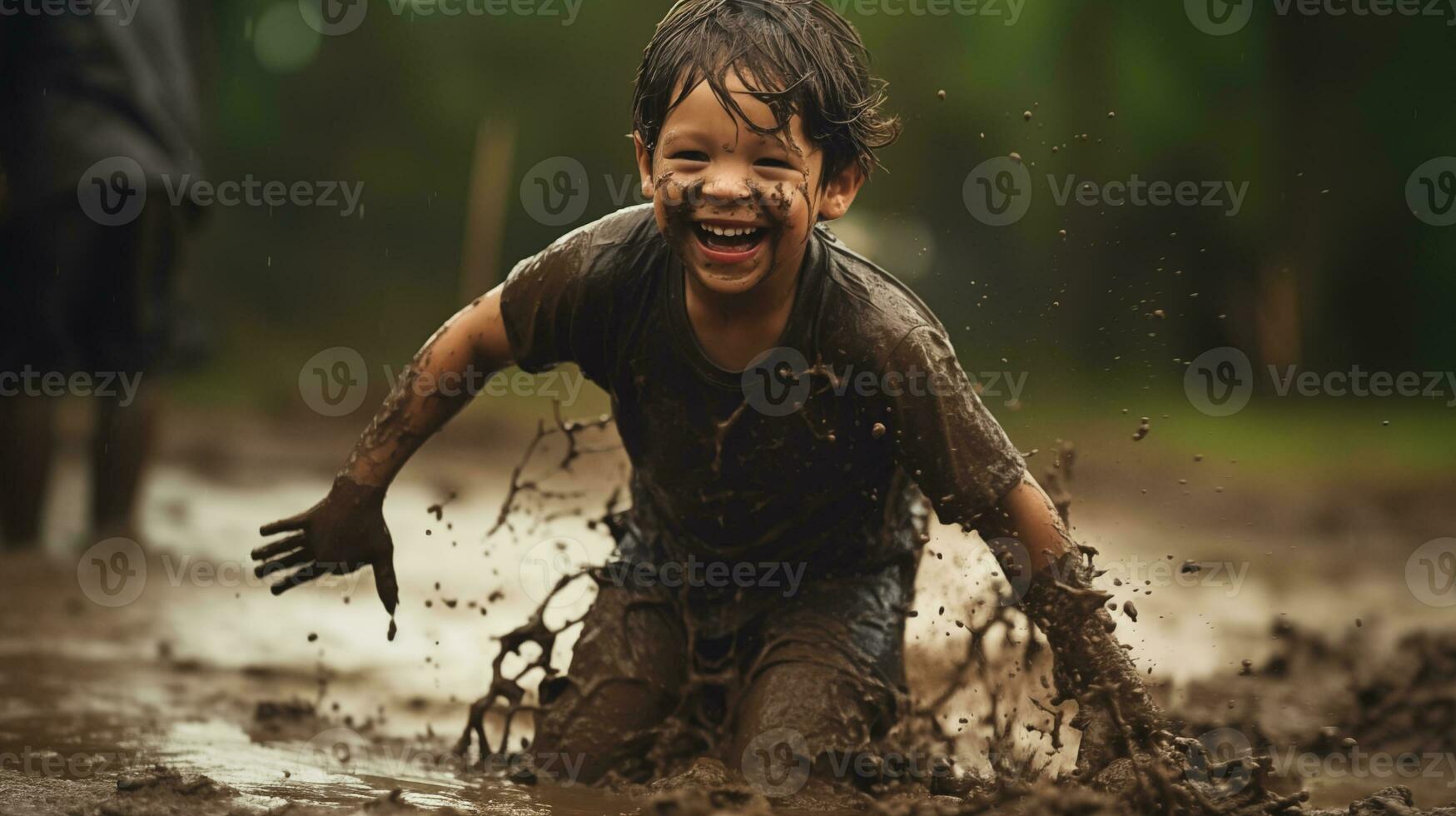 AI generated a young boy is playing in the mud photo