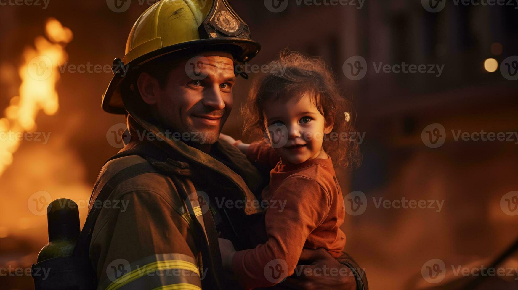 AI generated a man and a child standing in front of a fire photo