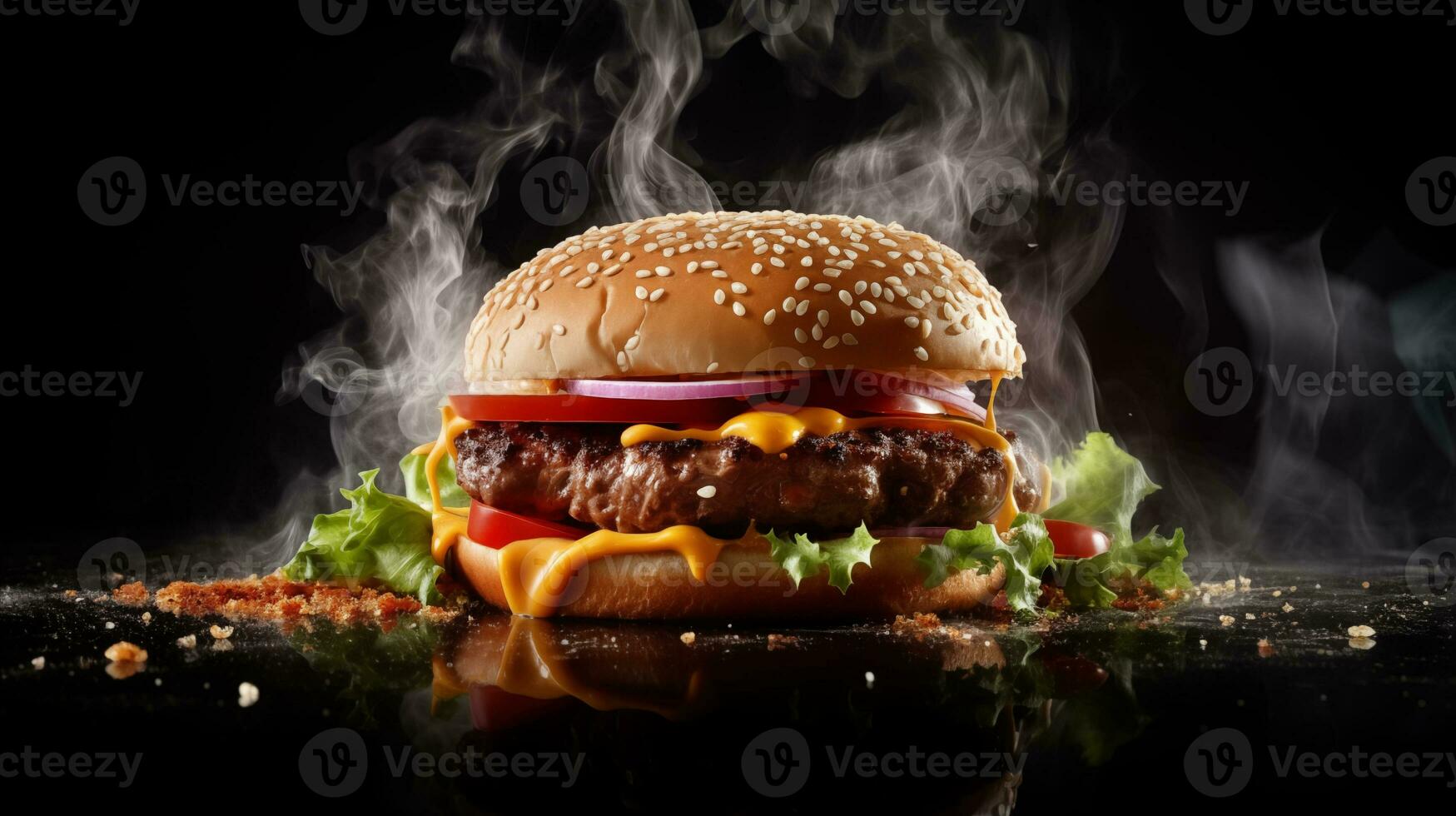 AI generated a hamburger with cheese and lettuce is being cooked photo