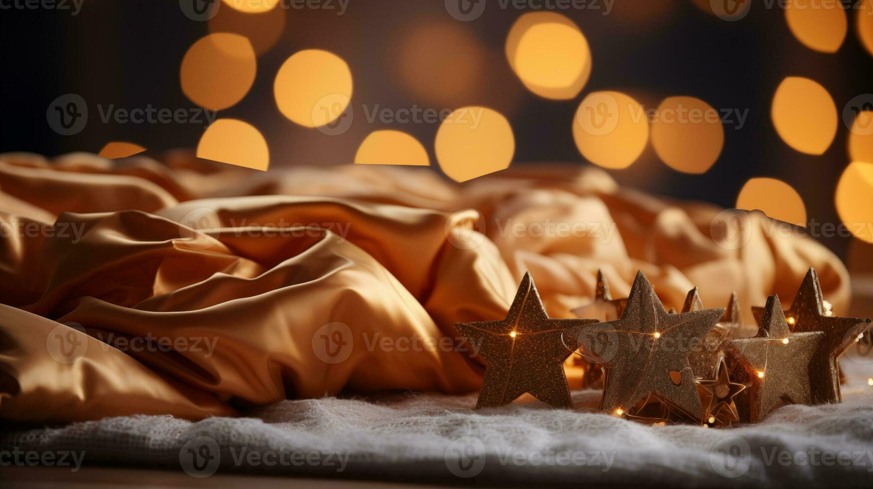 AI generated christmas decorations on a bed with a golden blanket photo