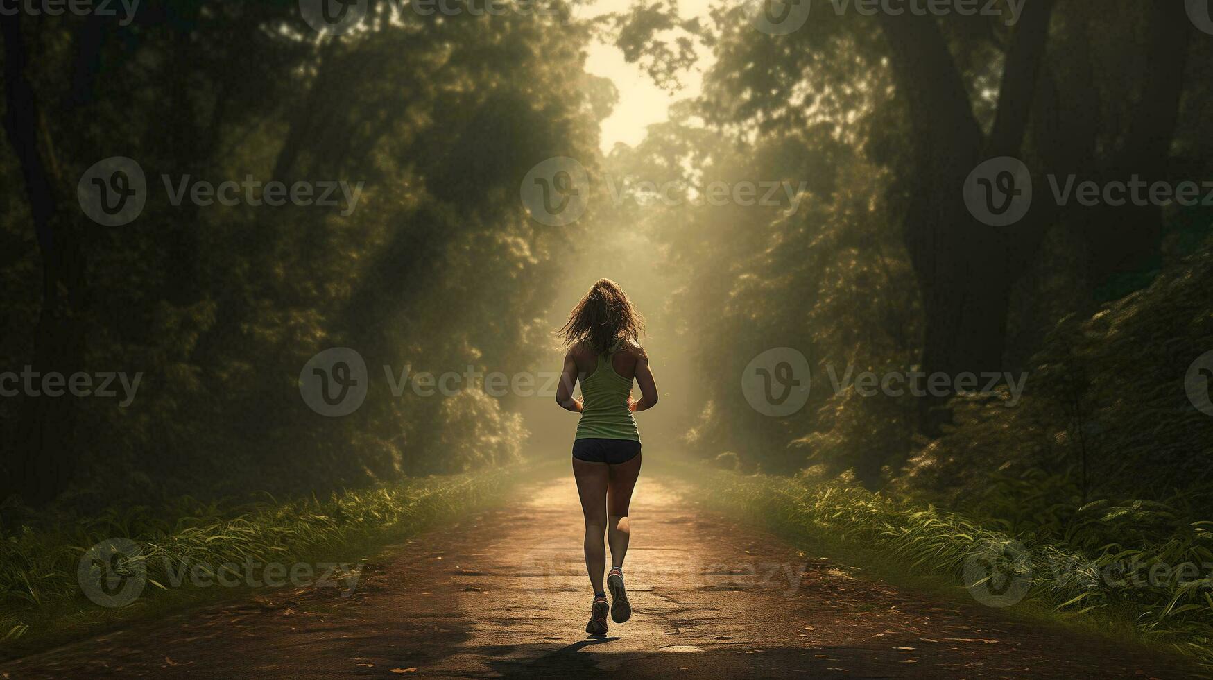 AI generated a woman running down a path in the woods photo