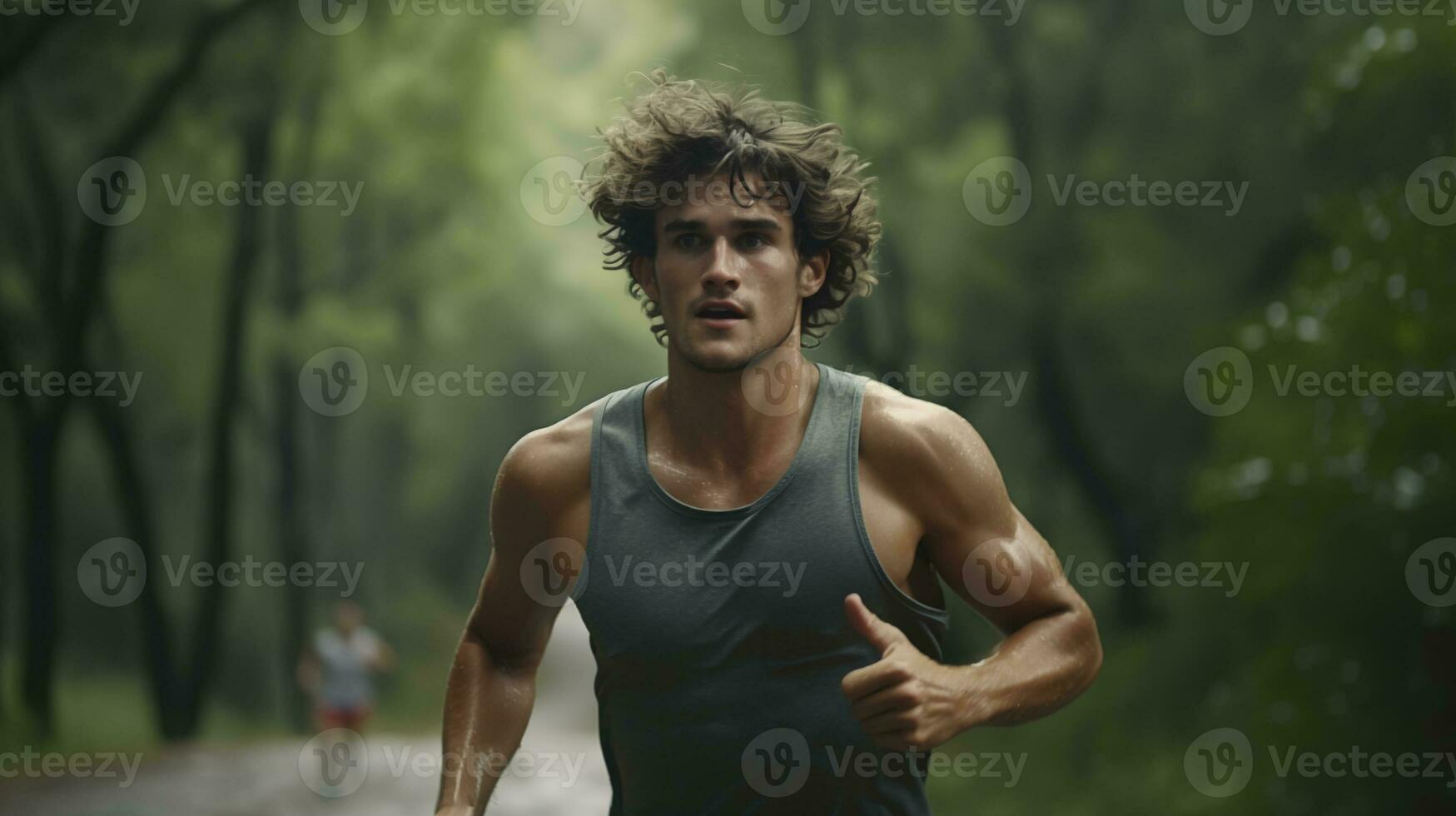 AI generated a man running in the woods photo