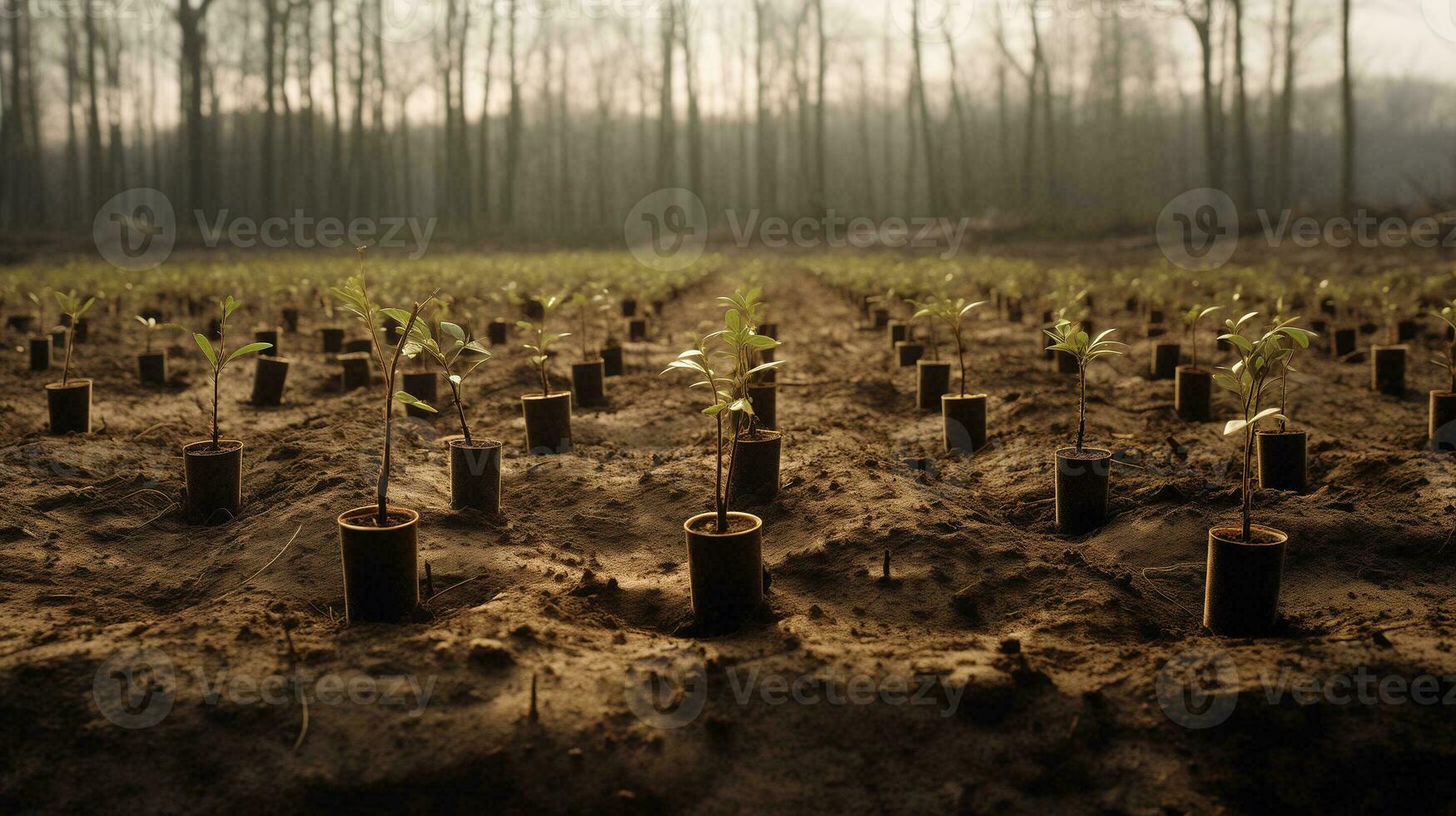 ai generado un campo de joven arboles en el medio de un bosque foto