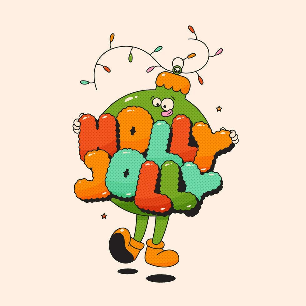 Christmas groovy mascot ball character with letters Holly Jolly and garland. vector