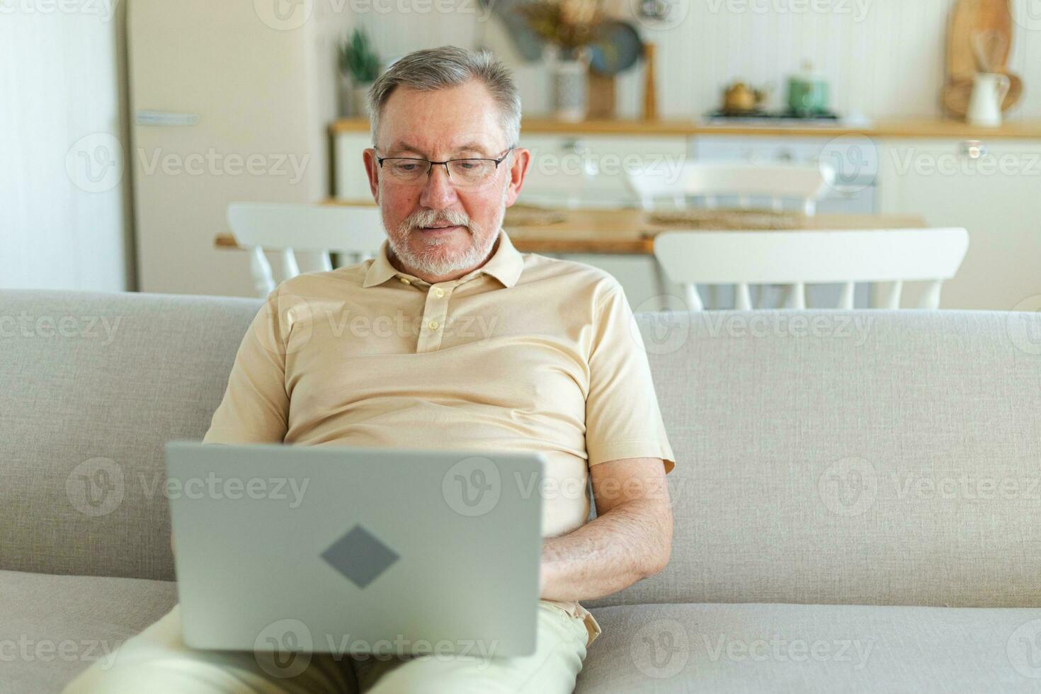 Confident stylish happy middle aged senior man using laptop at home. Stylish older mature 60s beard grandfather sitting at couch looking at computer screen typing chatting reading writing email. photo