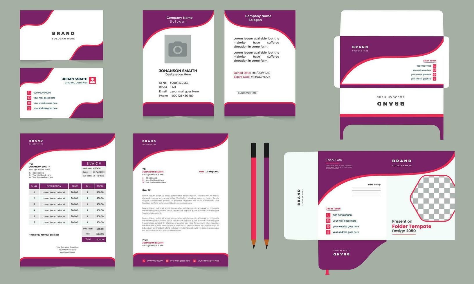 Abstract Purple Business Stationary Kit Free Vector