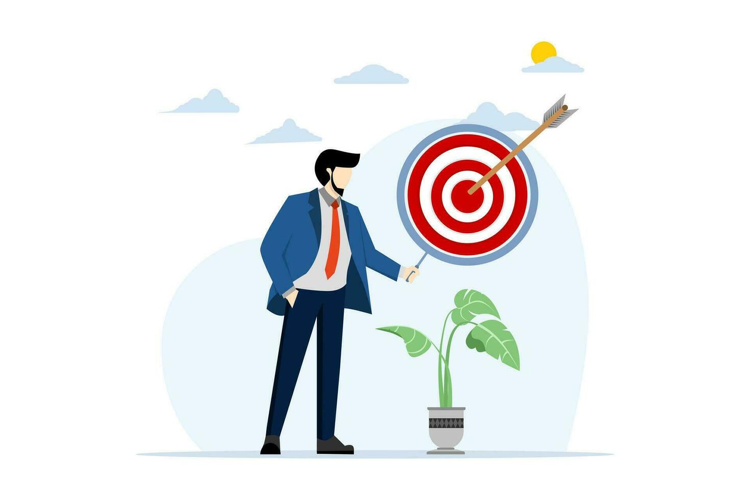 Dartboard inside a magnifying glass for business goal target. The red arrow hits the center of the dartboard. Business success, investment goals, challenges opportunities, goal strategies. vector