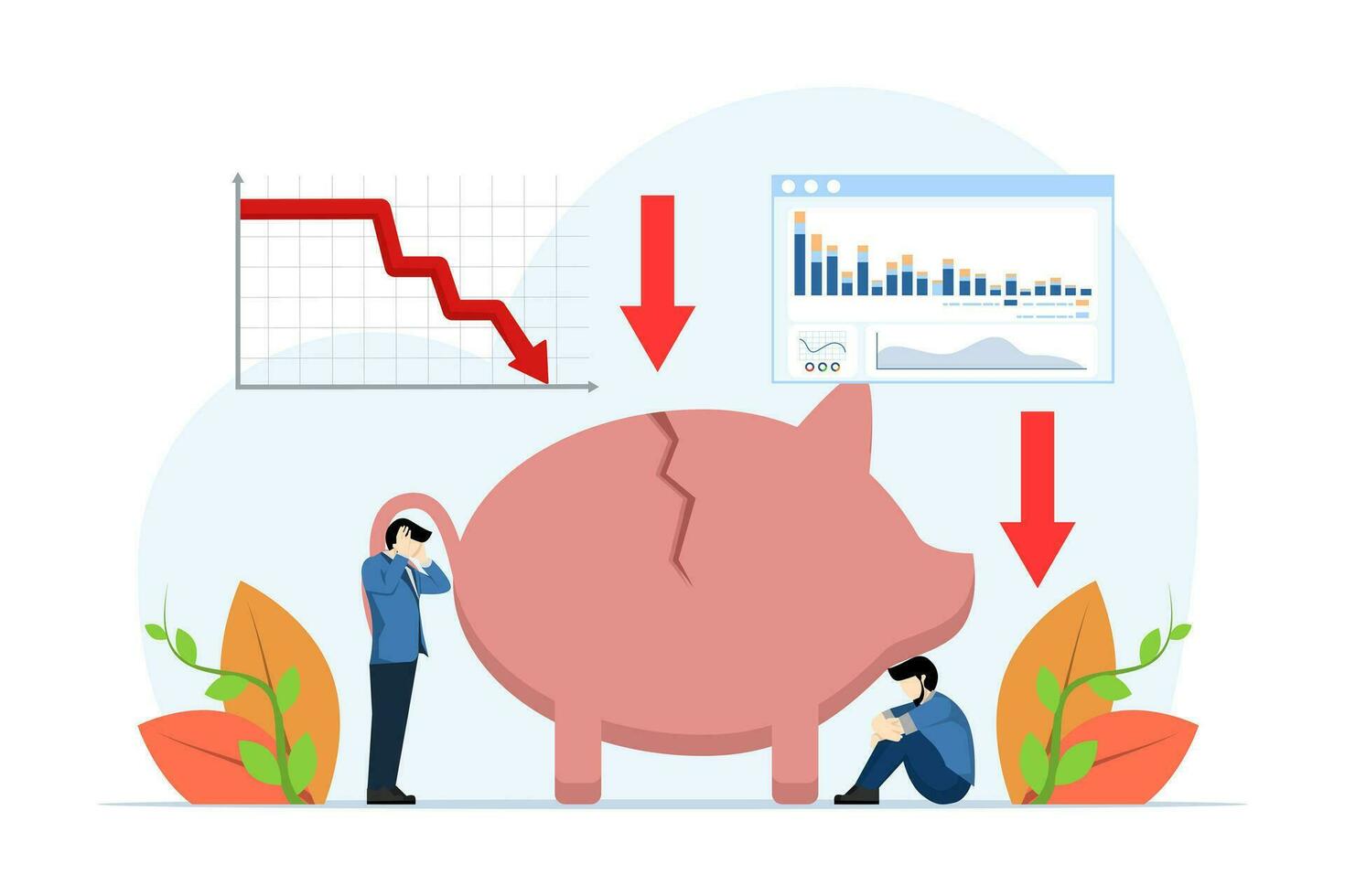 roto cerdito banco concepto como un metáfora para negocio bancarrota. problemas de reembolso de económico préstamos, inversión fracasos y presupuesto colapsar. financiero crisis. plano vector ilustración.